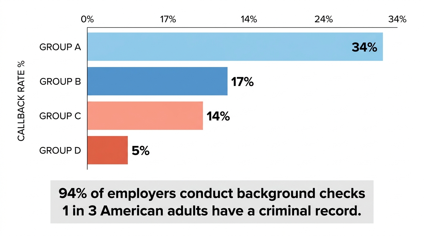 Bar chart comparing job callback rates: 34% for white applicants without records, 17% with records, 14% for Black applicants without records, and 5% with records