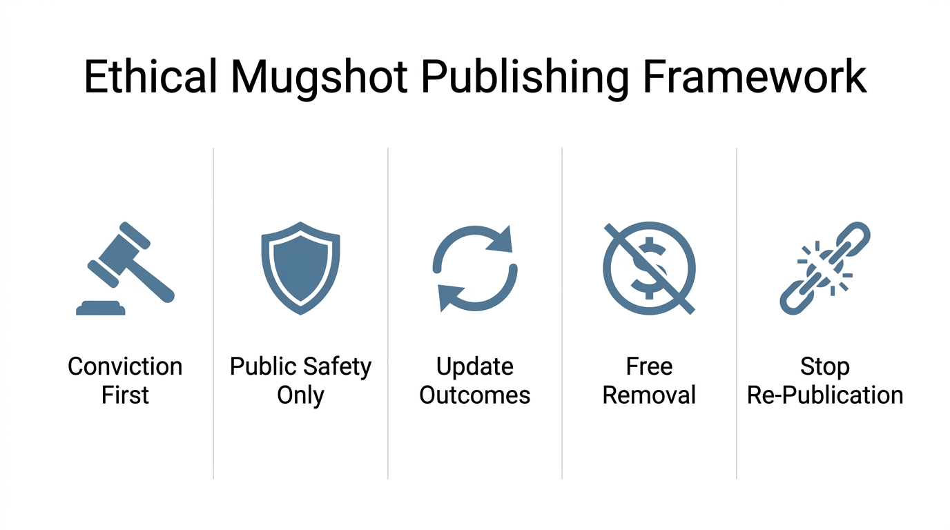 Five-principle ethical framework for mugshot publishing: tie publication to conviction, limit to public safety needs, mandate disposition updates, prohibit pay-to-remove models, and prevent re-publication loops