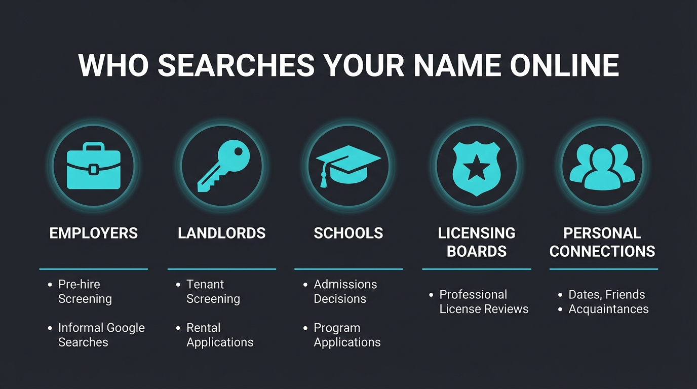 Five groups that search your name online: employers, landlords, schools, licensing boards, and personal connections