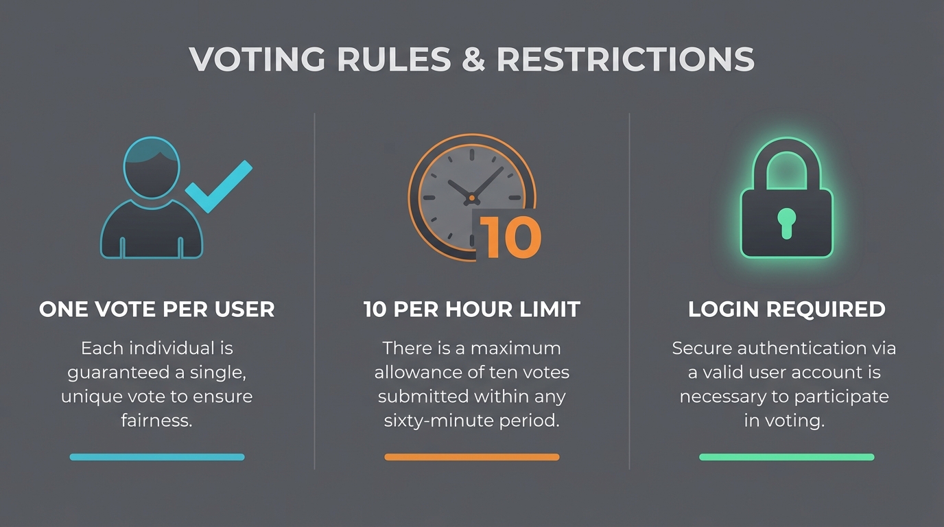 Three-layer anti-manipulation system: one vote per user, 10 ratings per hour limit, and authentication required