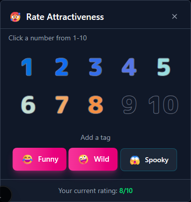 Rating popover showing the 1-to-10 number grid with colorful gradient buttons and three tag options: Funny, Wild, and Spooky