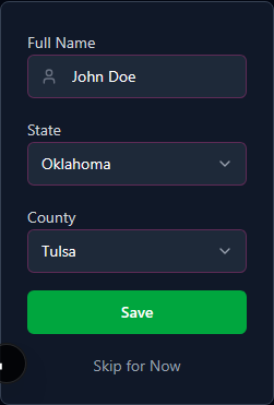 Location setup page with fields for full name, state selection, and county selection, plus Skip button