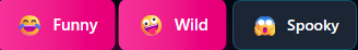 Tag buttons showing Funny and Wild selected with pink gradient, Spooky unselected