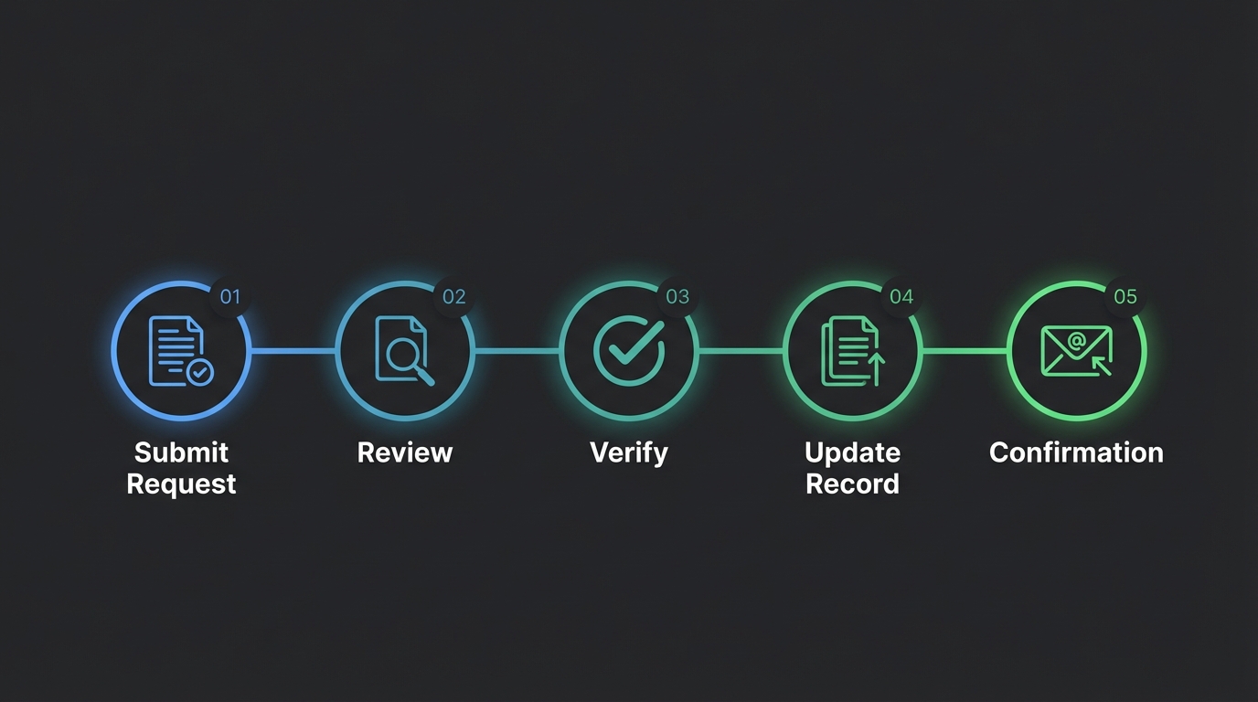 Five-step mugshot removal timeline: submit request, documentation review, verification, record update, and email confirmation