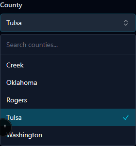 County filter dropdown showing counties available after selecting a state