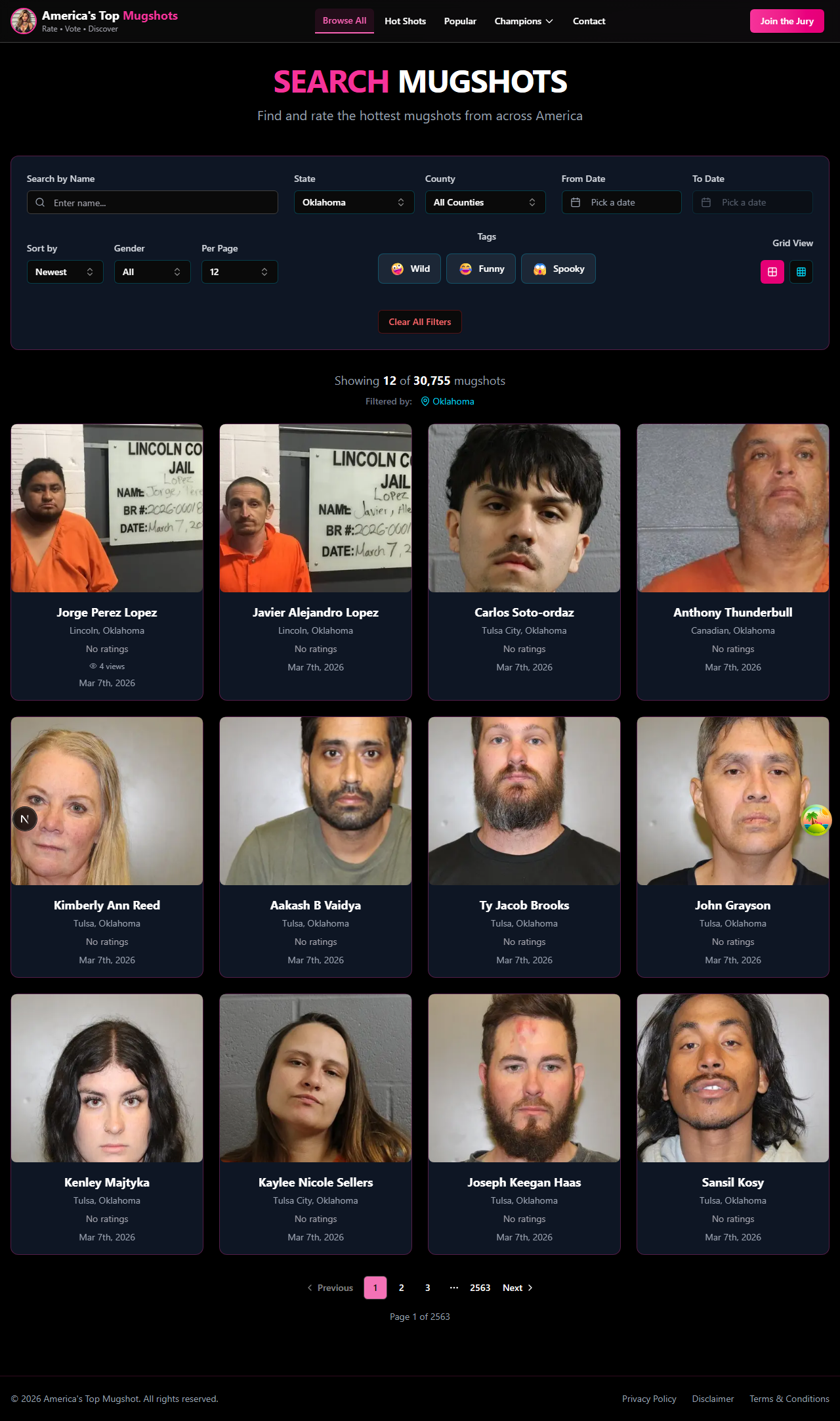 Overview of the Mugshots page showing the filter panel and results grid