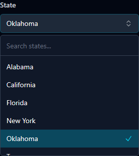 State filter dropdown expanded showing a list of US states