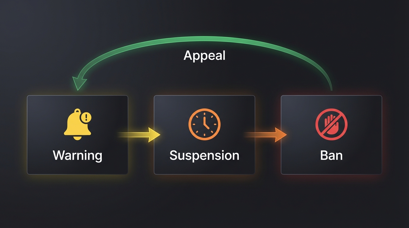 Graduated discipline progression: warning, suspension, and ban with appeal available at every stage