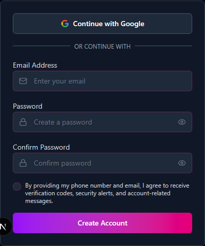 Signup page showing three options: Continue with Google, email and password form, phone number signup