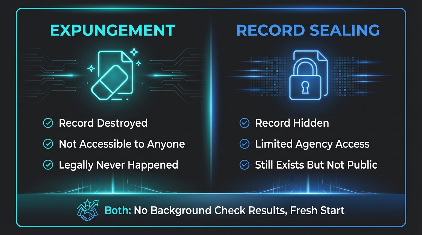 Side-by-side comparison of expungement versus record sealing showing key differences and shared outcomes