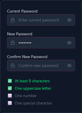 Password change form showing a real-time checklist of password requirements with green checkmarks